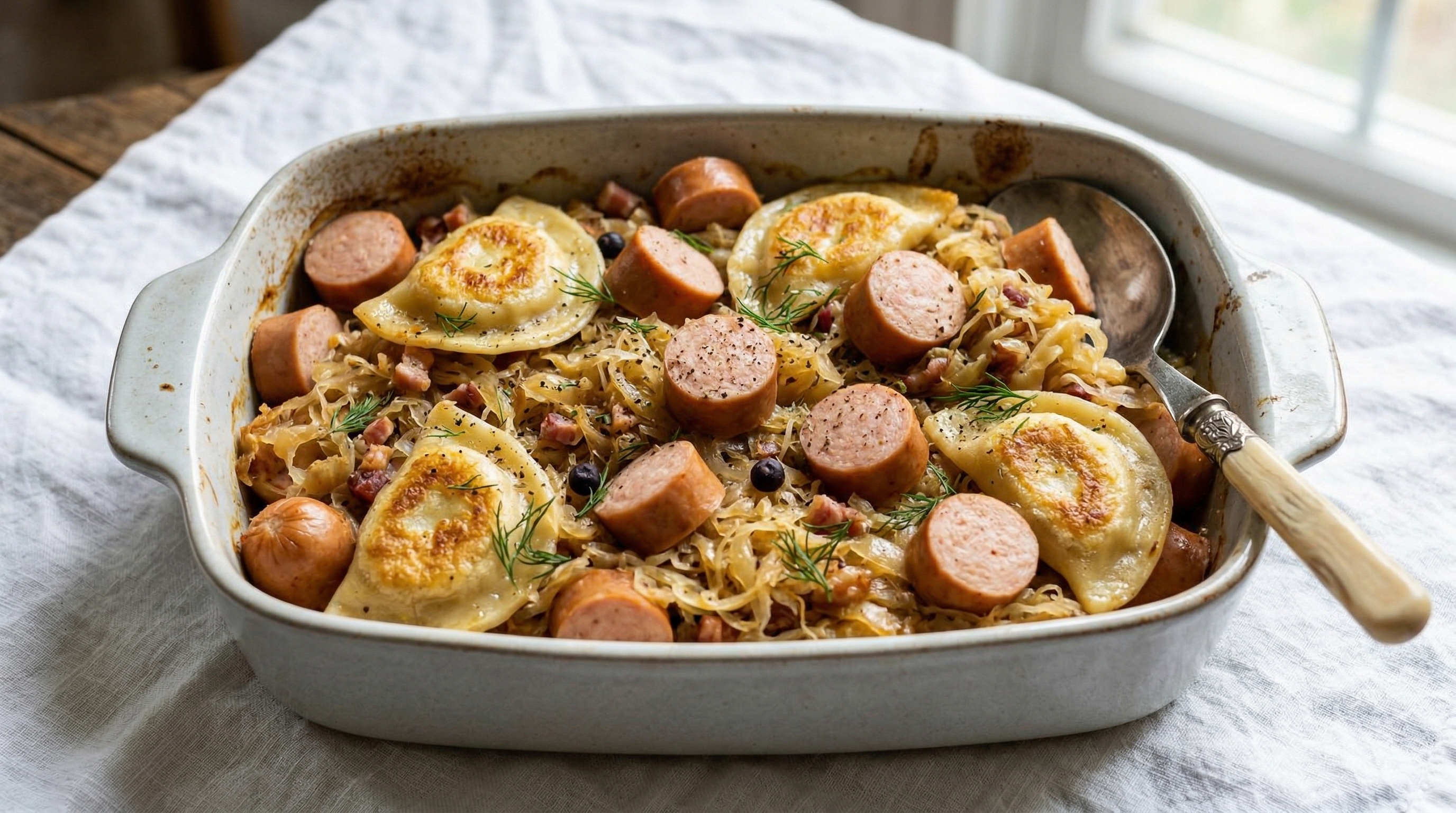 Knackwurst and Sauerkraut Pierogi Bake