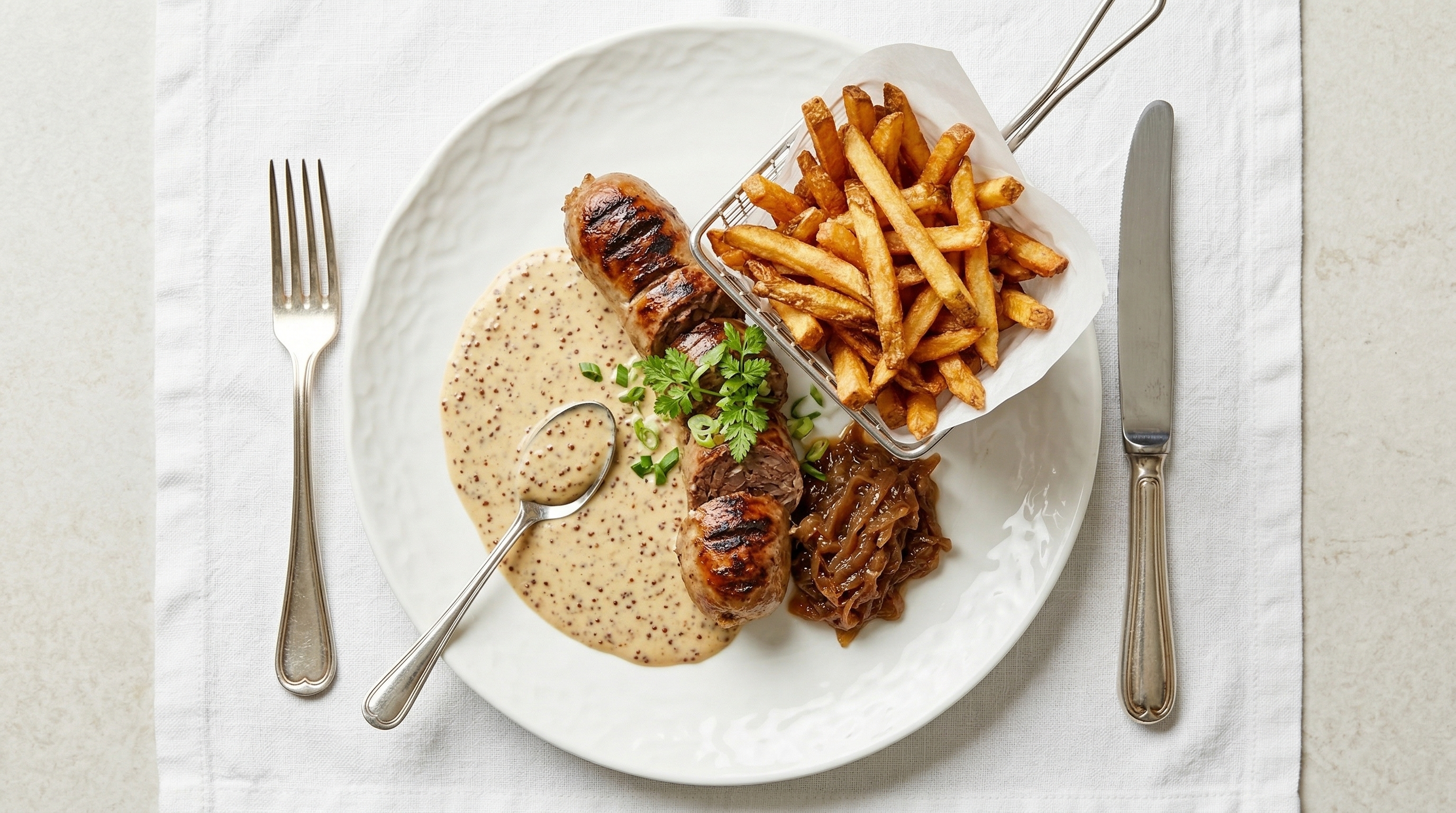 Grilled Andouillette with Mustard Sauce and Frites