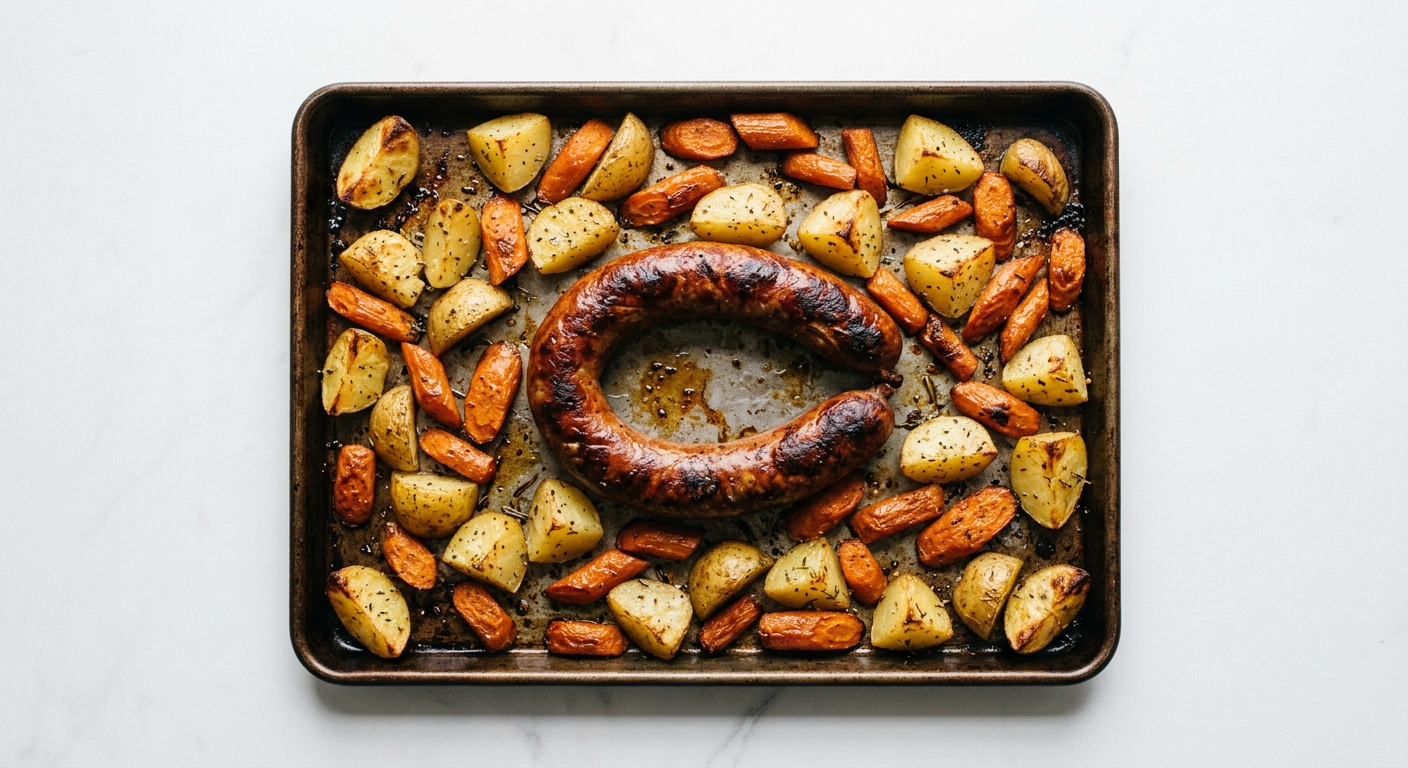 Baked Farmer's Sausage with Potatoes and Carrots