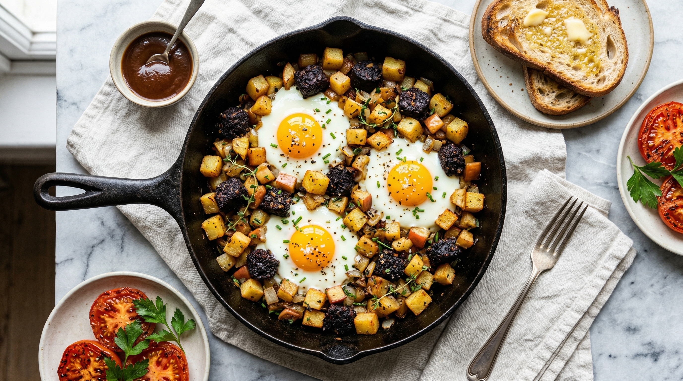 Black Pudding and Apple Hash with Fried Eggs
