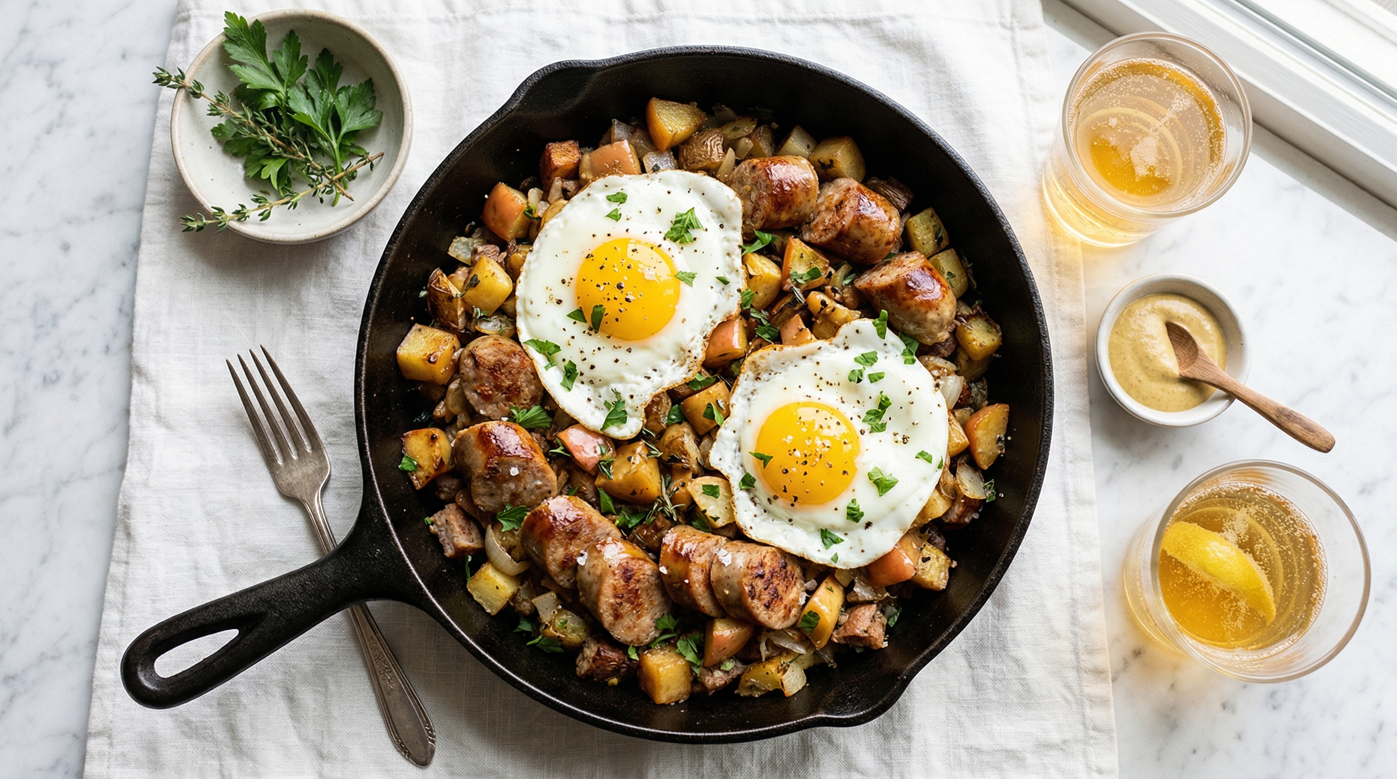 Boudin Blanc and Apple Hash with Fried Eggs