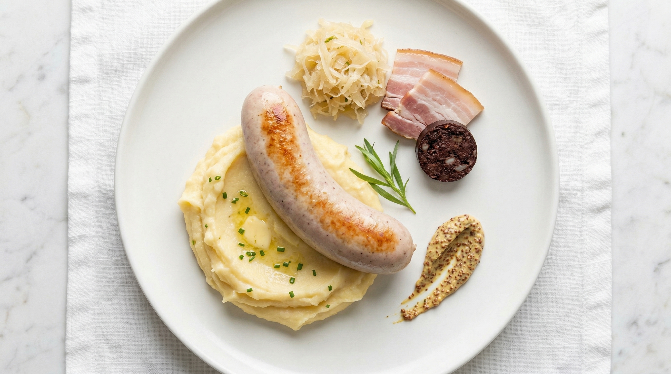 Boudin Blanc with Mashed Potatoes and Mustard