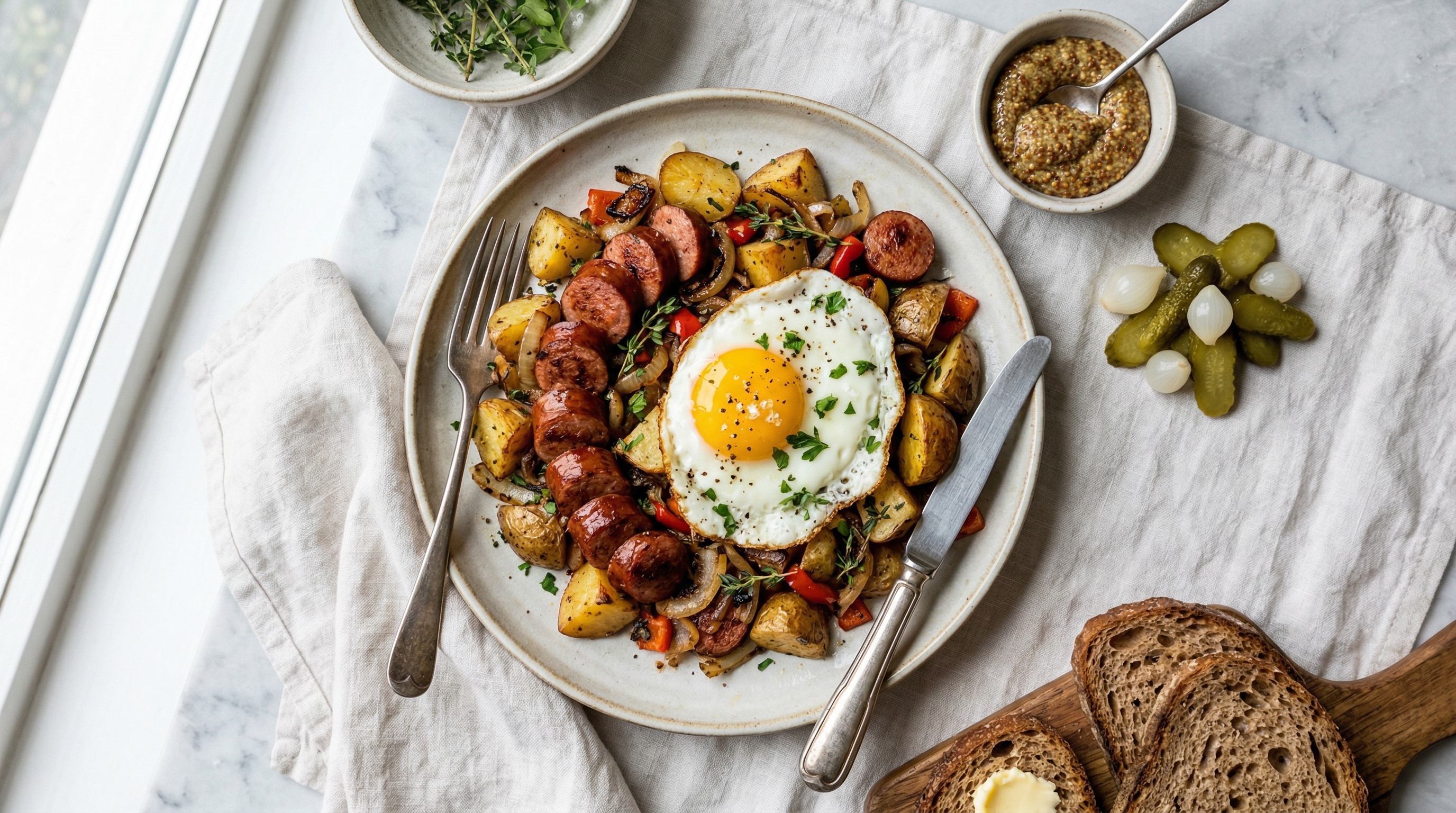 Cervelat and Potato Hash with Fried Egg