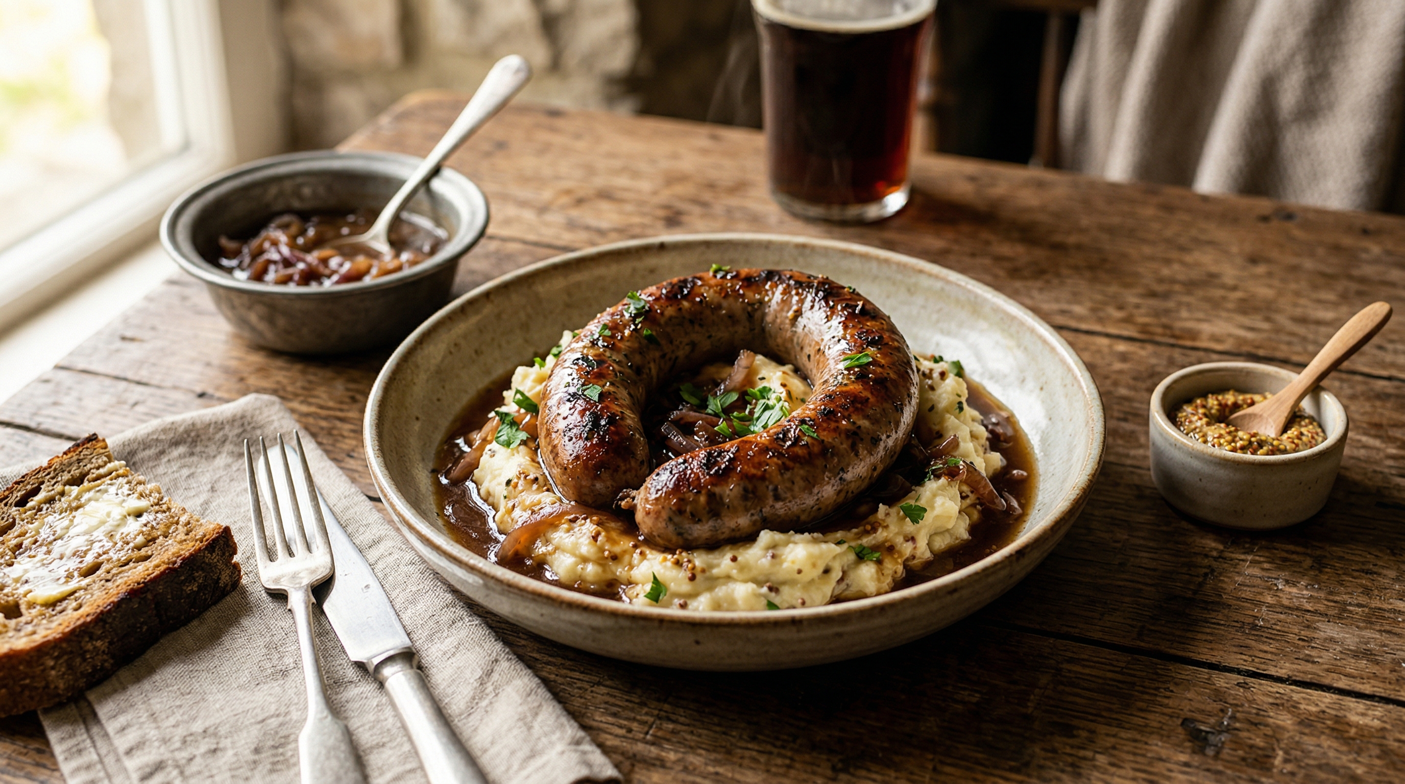 Klassische Cumberland-Wurst mit Senf-Stampfkartoffeln
