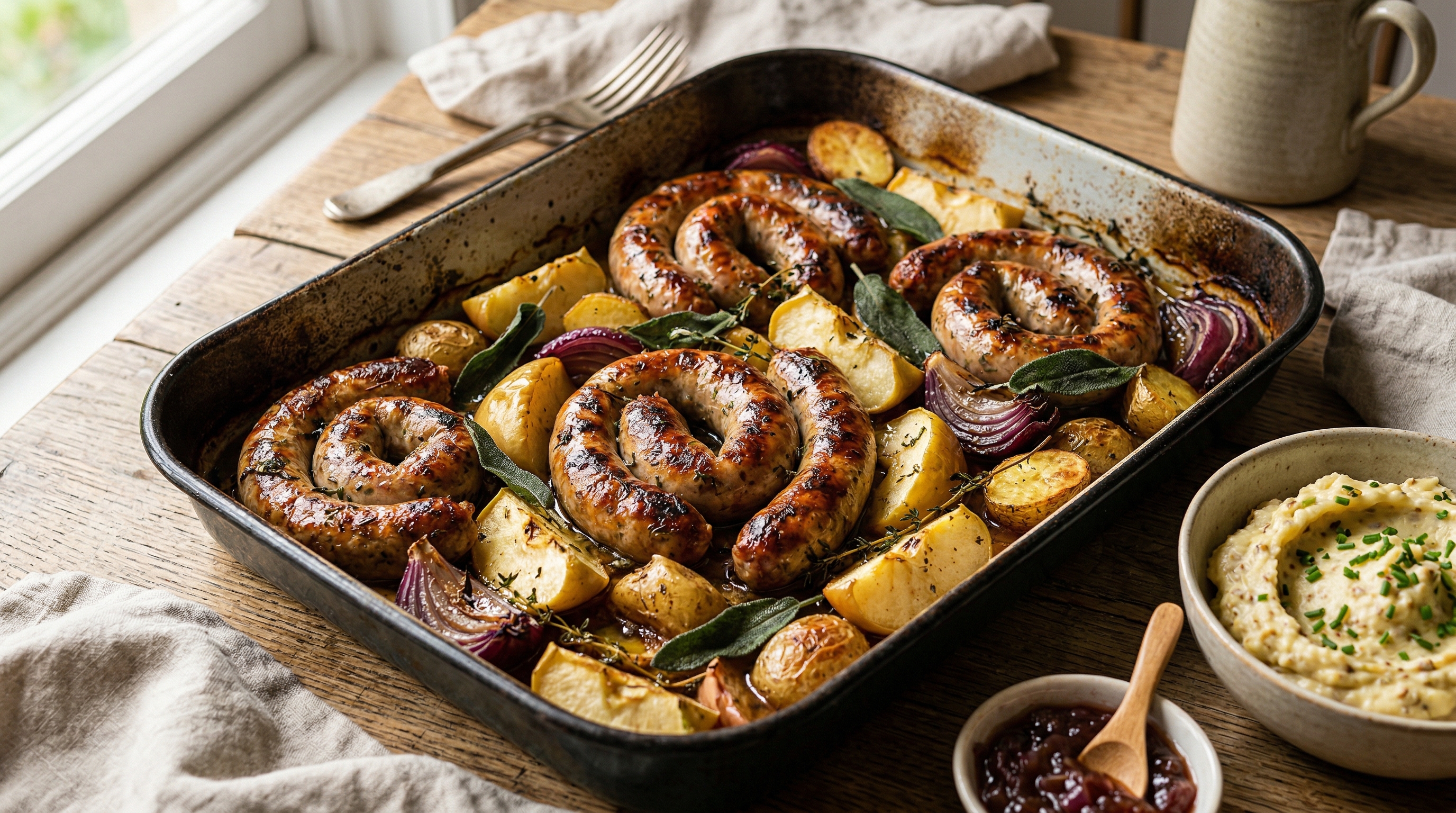 Cumberland Wurst und Apfel Blechkuchen mit Salbei