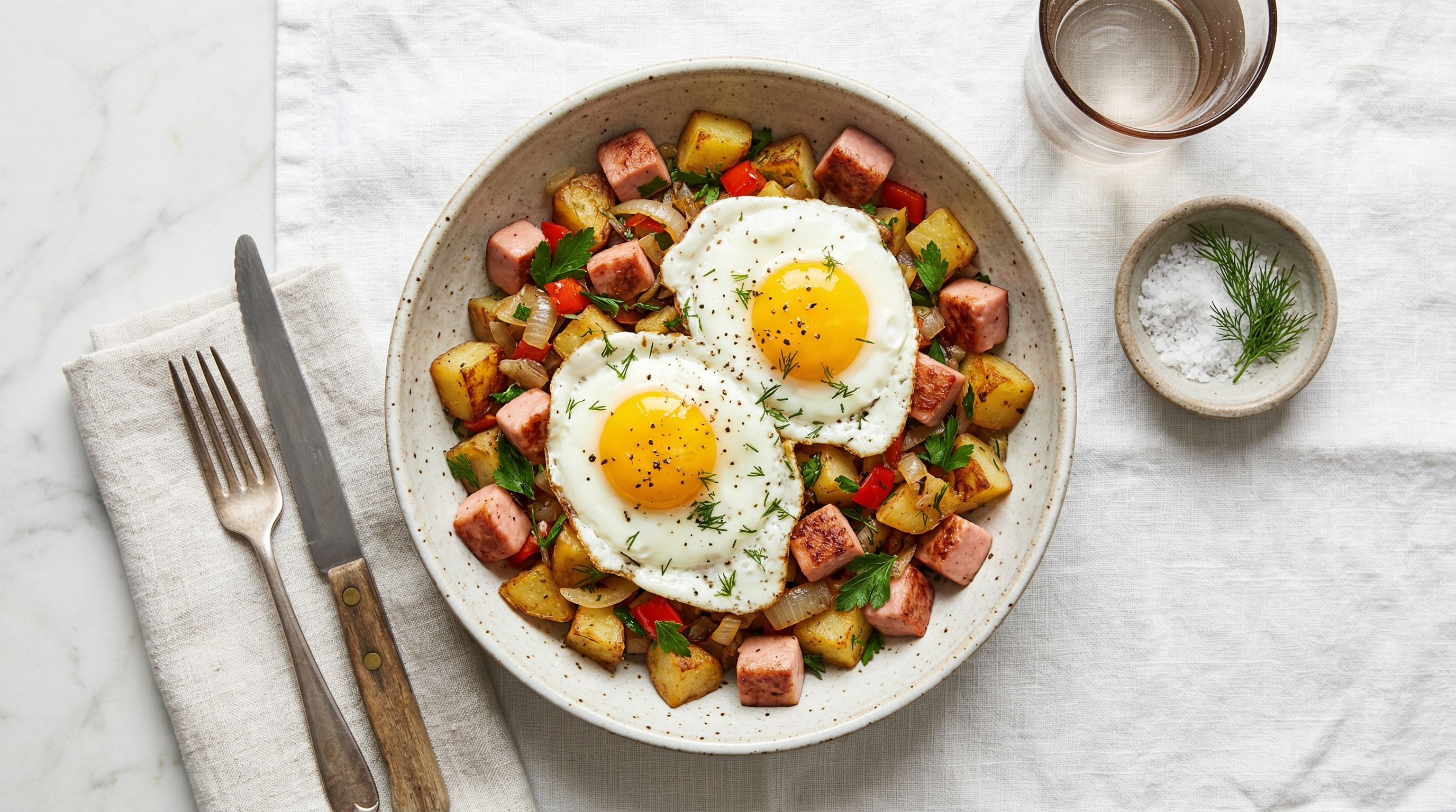 Doktorskaya Kolbasa and Potato Hash with Fried Eggs