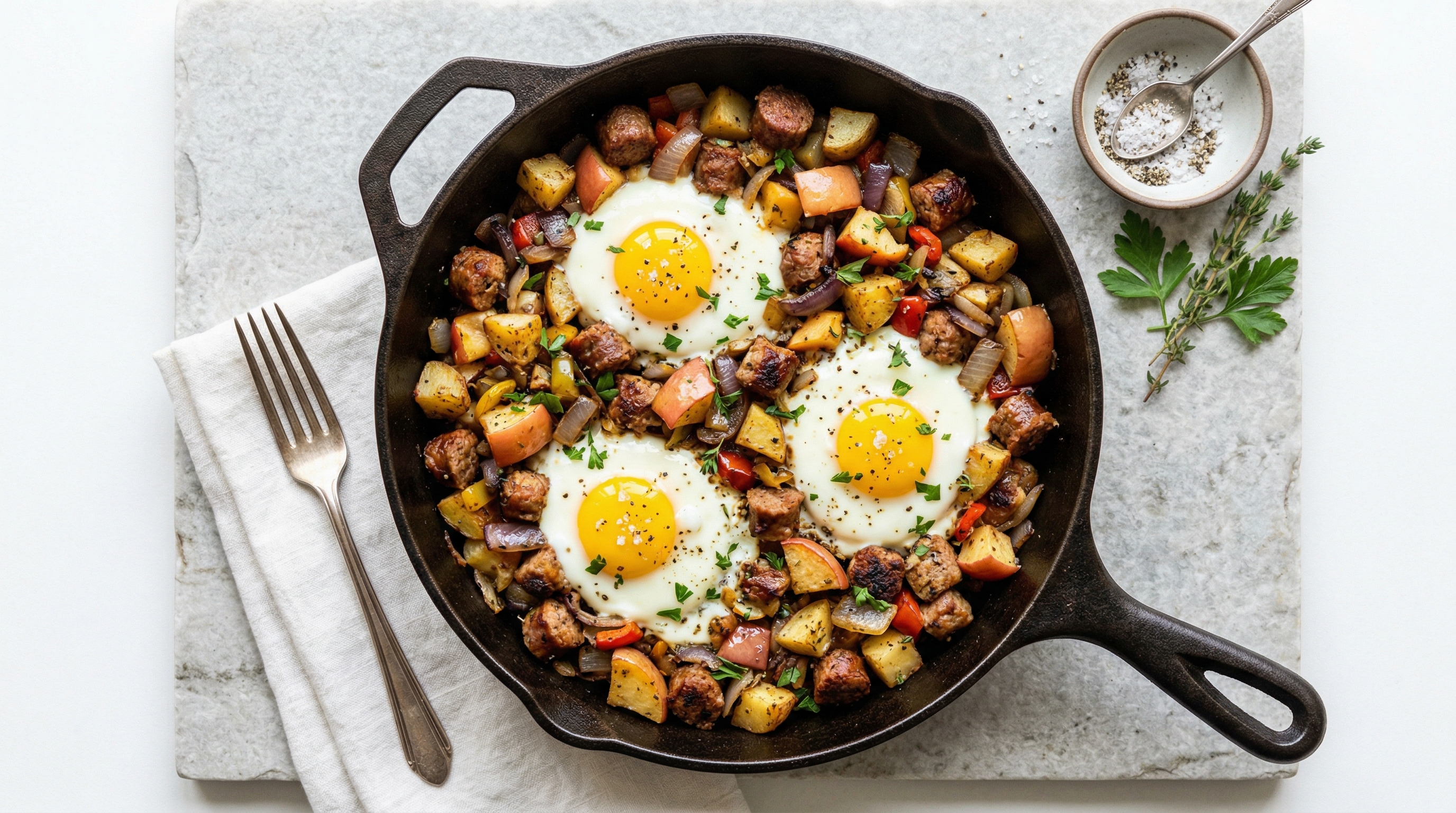 Farmers Sausage and Apple Hash with Fried Eggs