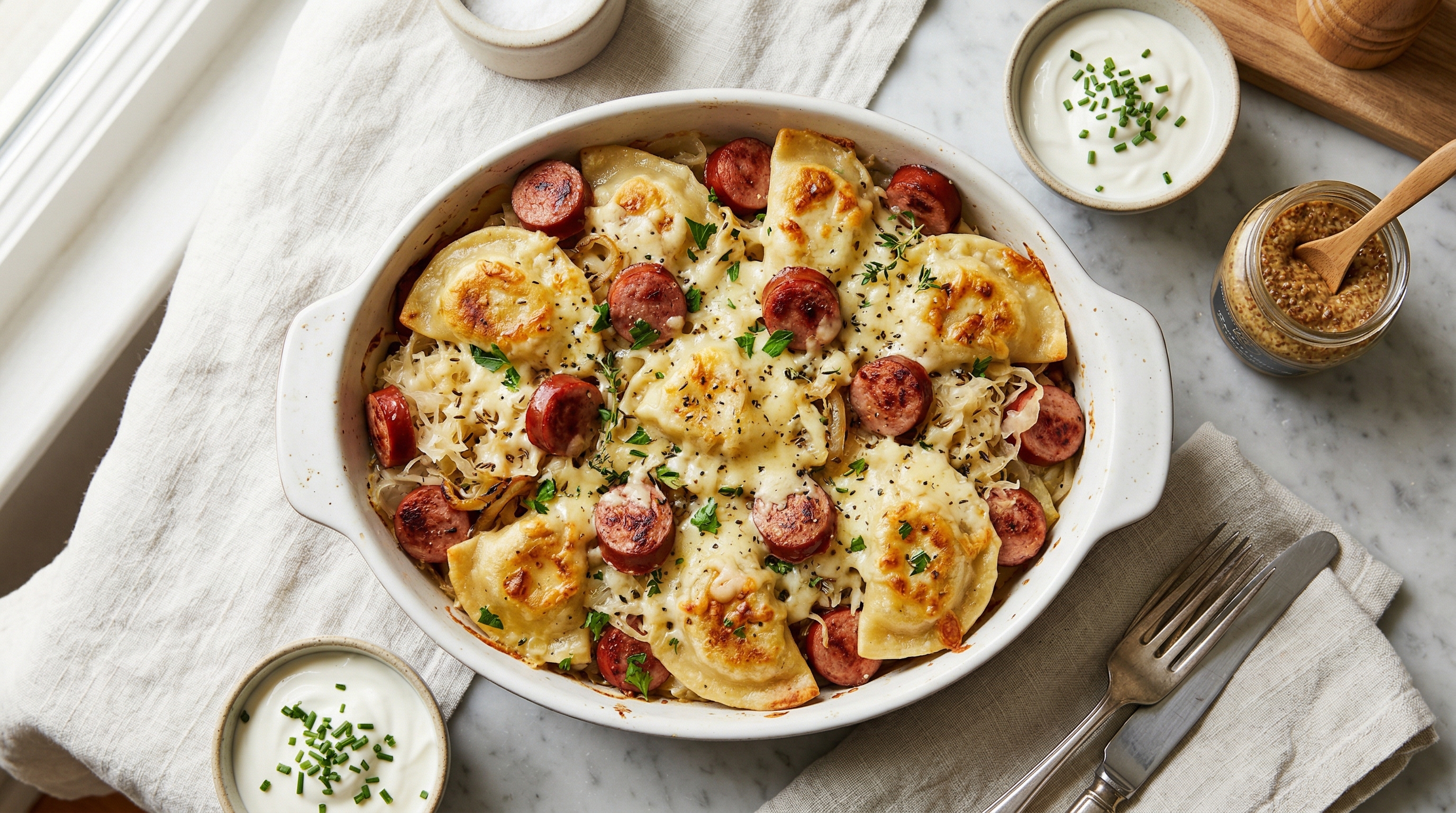 Frankfurter Würstchen und Sauerkraut-Pierogi-Auflauf