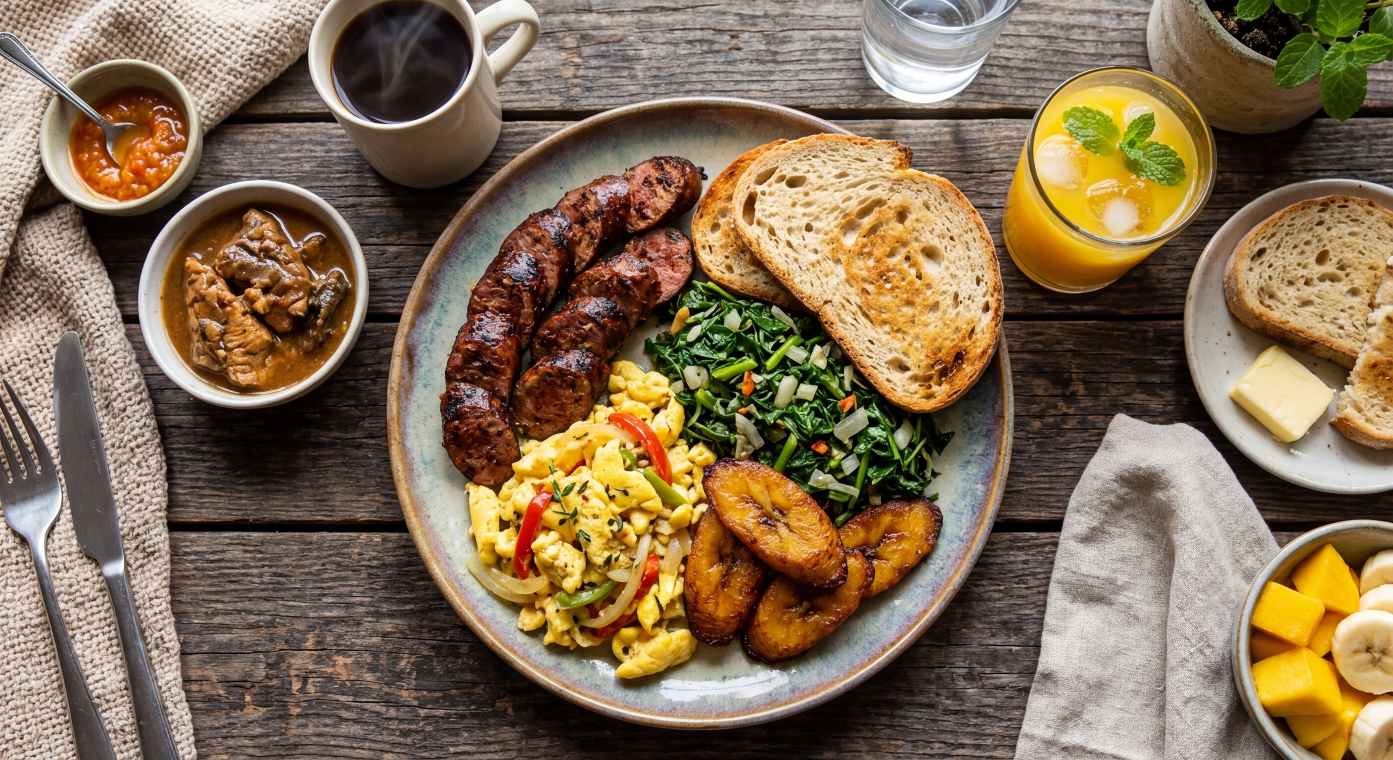 Jamaican Breakfast with Jerk Sausage, Ackee, and Callaloo