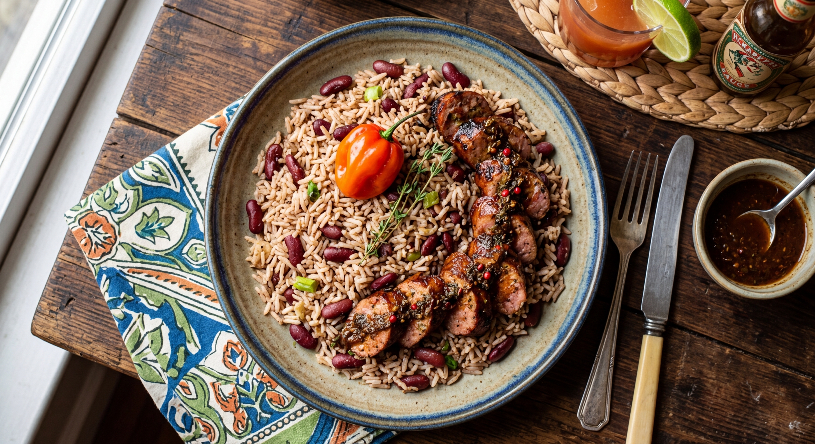 Jerk Sausage with Rice and Peas