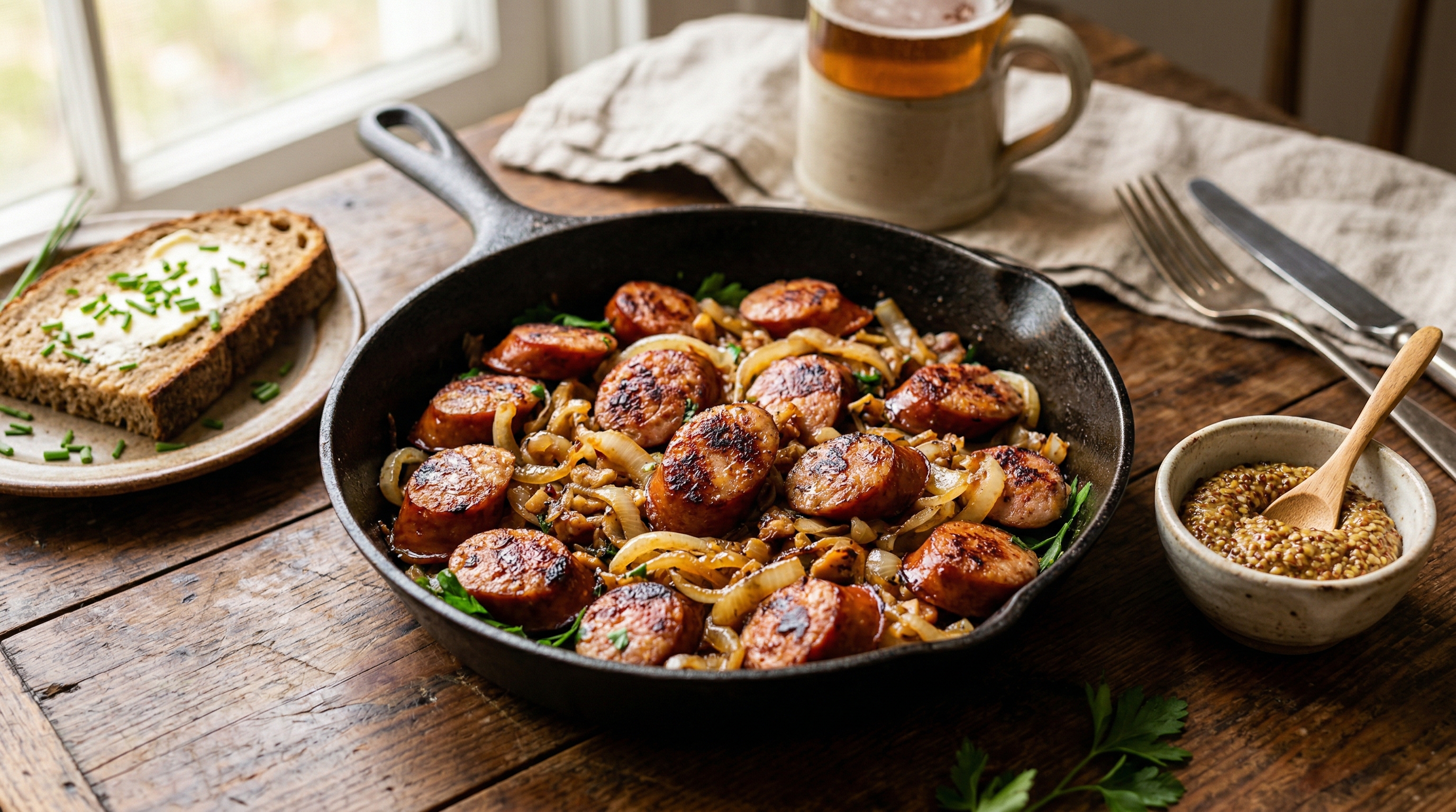 Pfannengebratene Kielbasa mit Senf und Zwiebeln