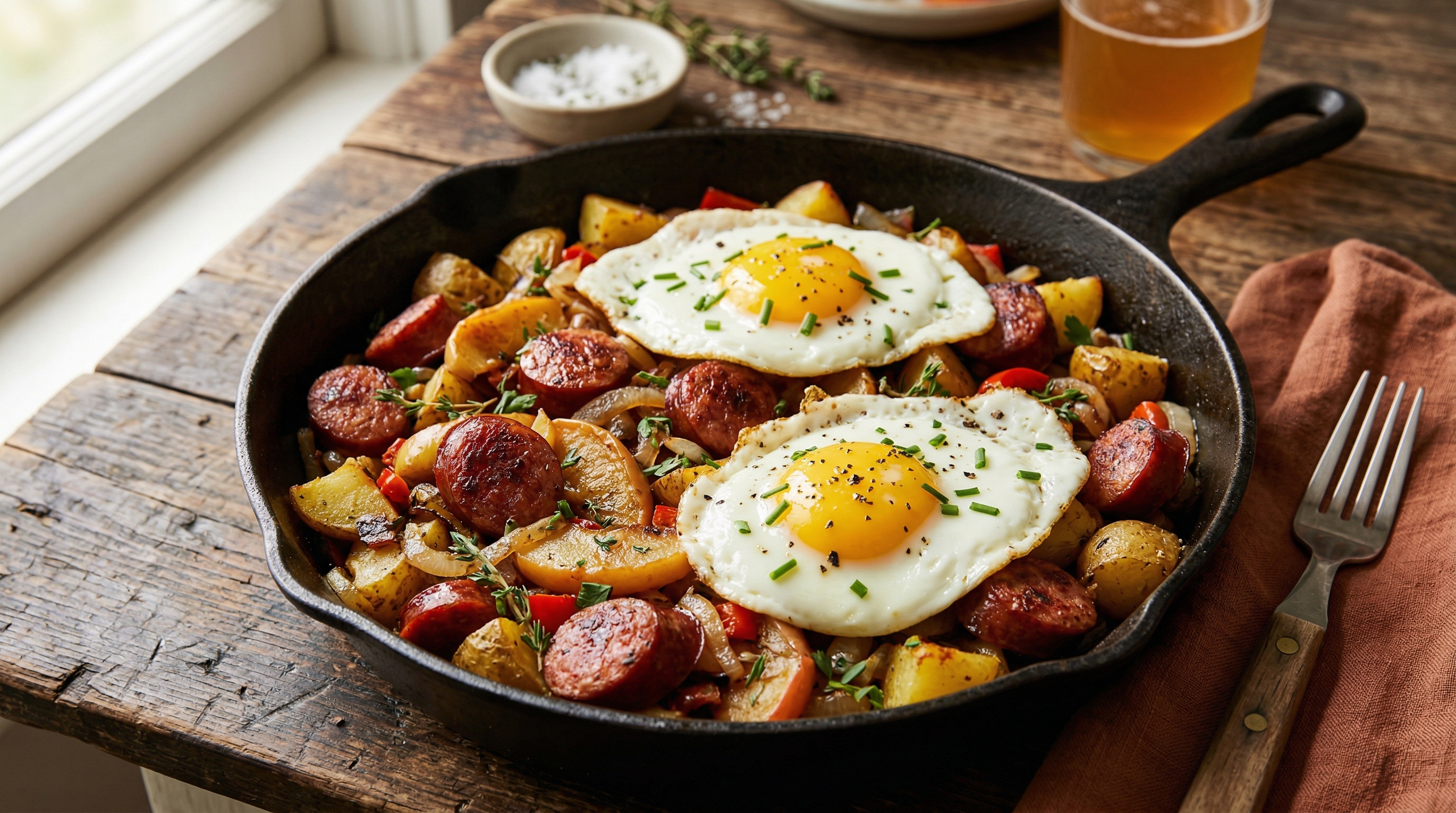 Kielbasa-Apfel-Hash mit Spiegeleiern