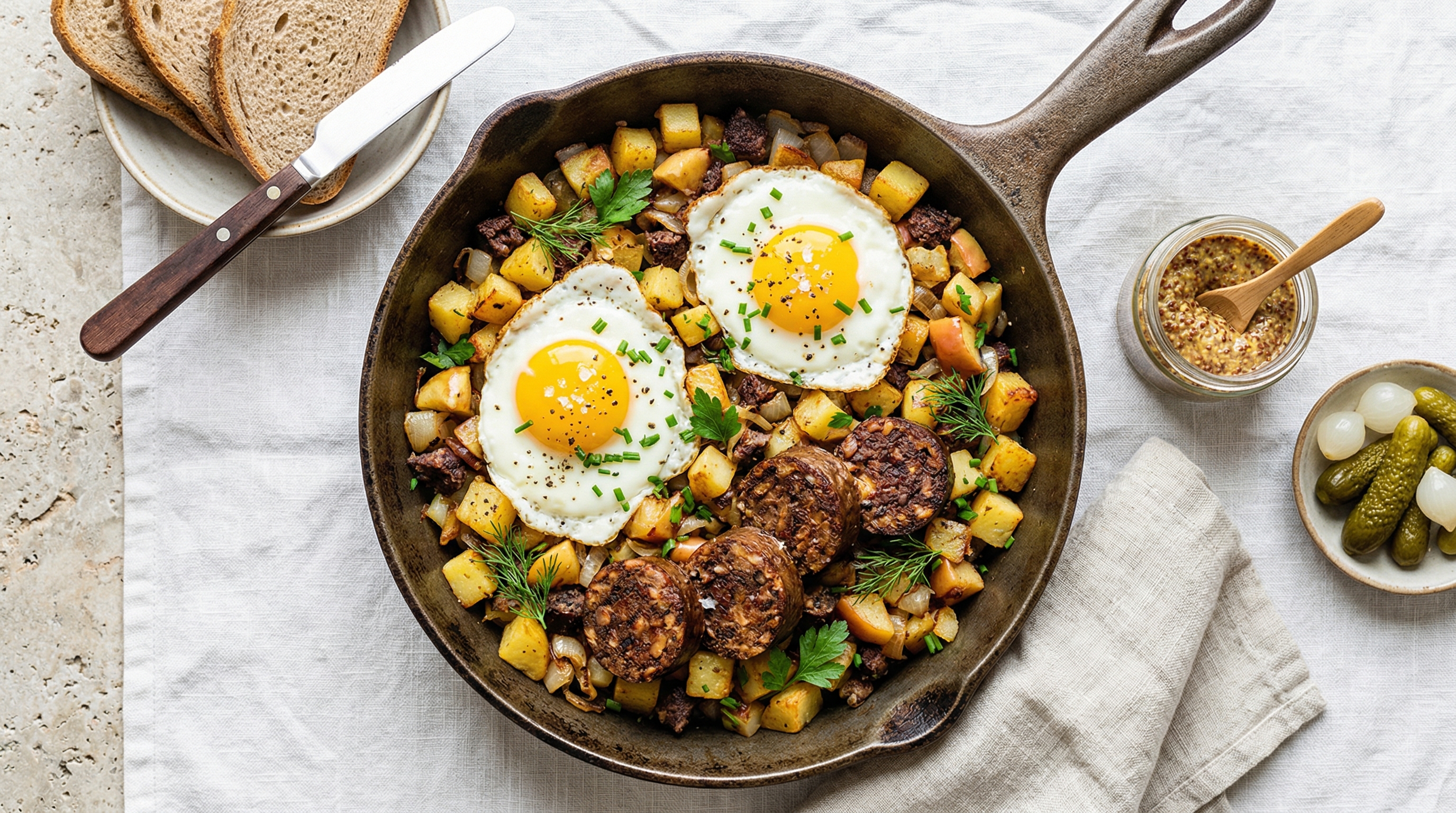 Kiszka and Apple Hash with Fried Eggs