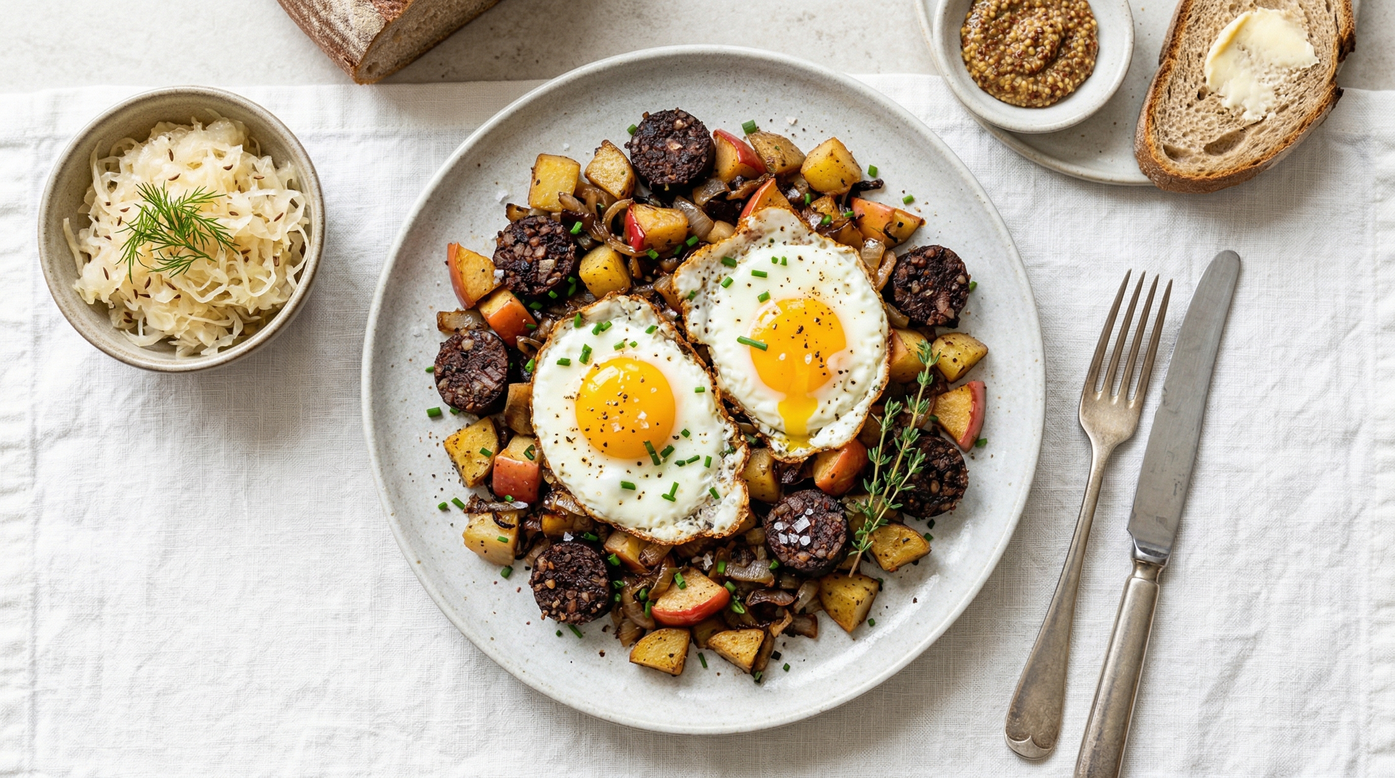 Krvavica and Apple Hash with Fried Eggs