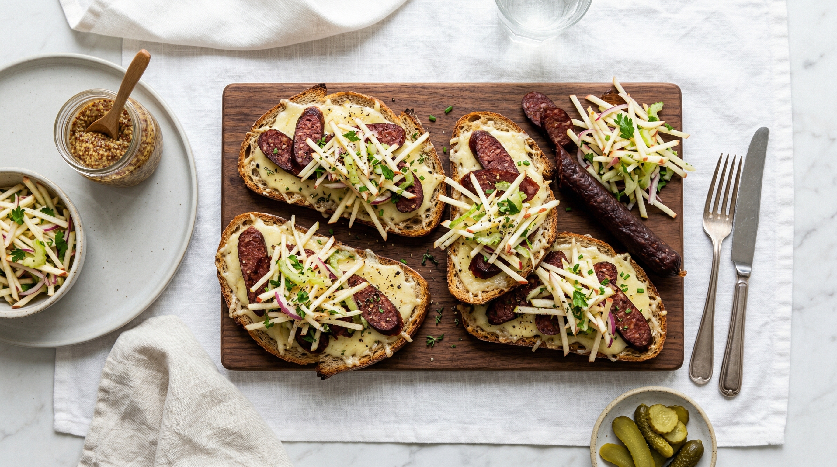 Landjäger & Gruyère Toasts with Apple Slaw