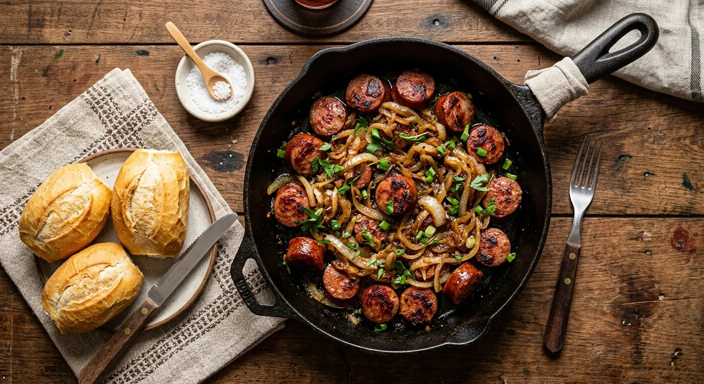 Linguiça mit karamellisierten Zwiebeln
