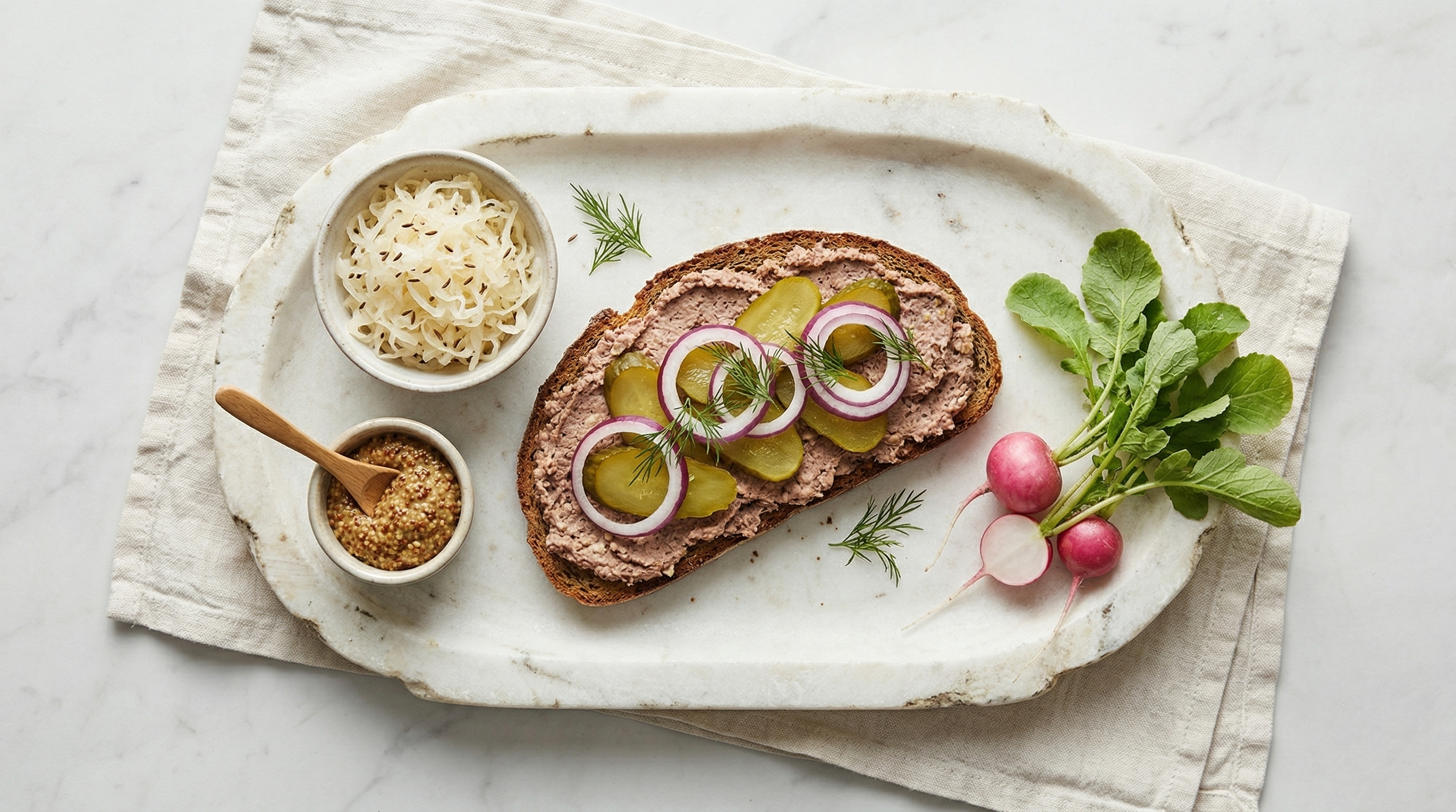 Leberwurst auf Roggen mit Gurken und Zwiebeln