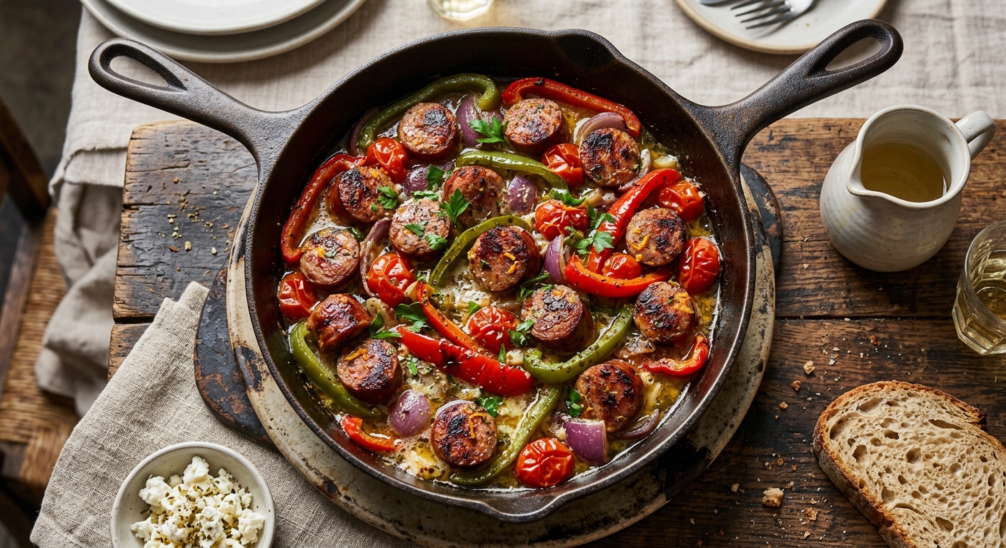 Loukaniko with Roasted Peppers and Tomatoes