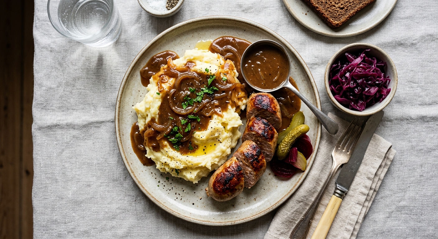 Medisterpølse med Kartoffelmos og Løgsovs