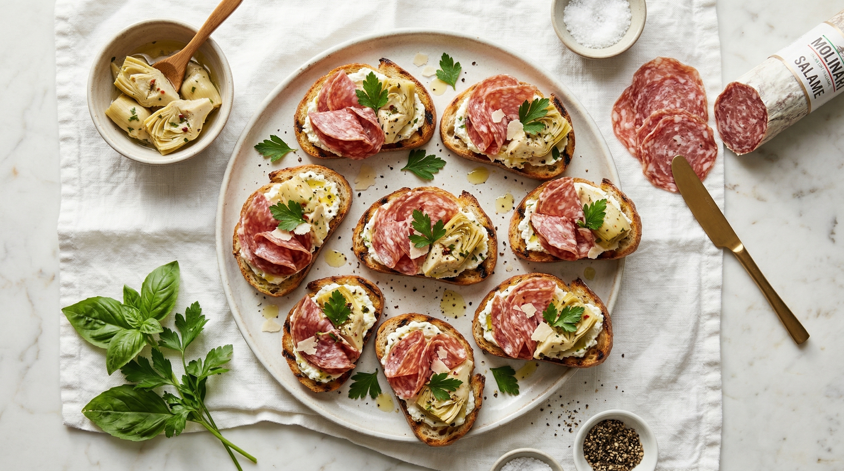 Molinari Salame and Artichoke Crostini