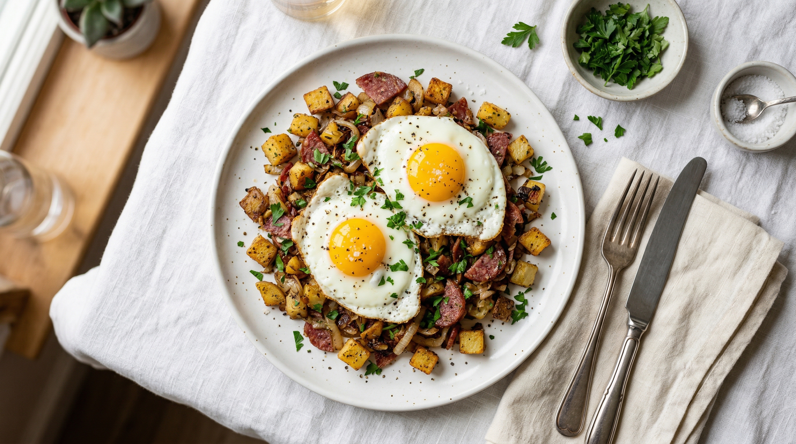 Molinari Salame and Potato Hash with Fried Eggs