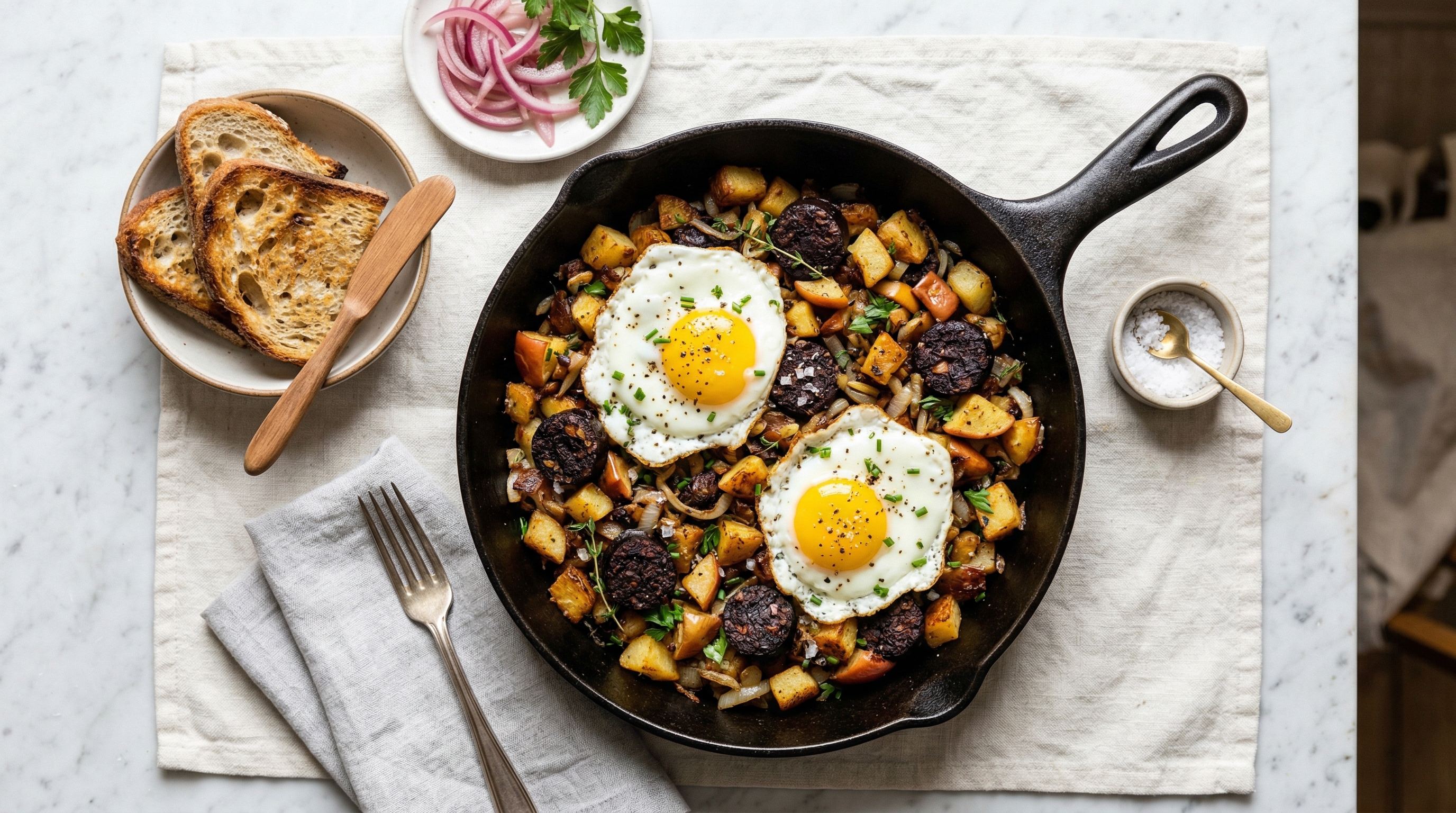 Morcela & Apple Hash with Fried Eggs