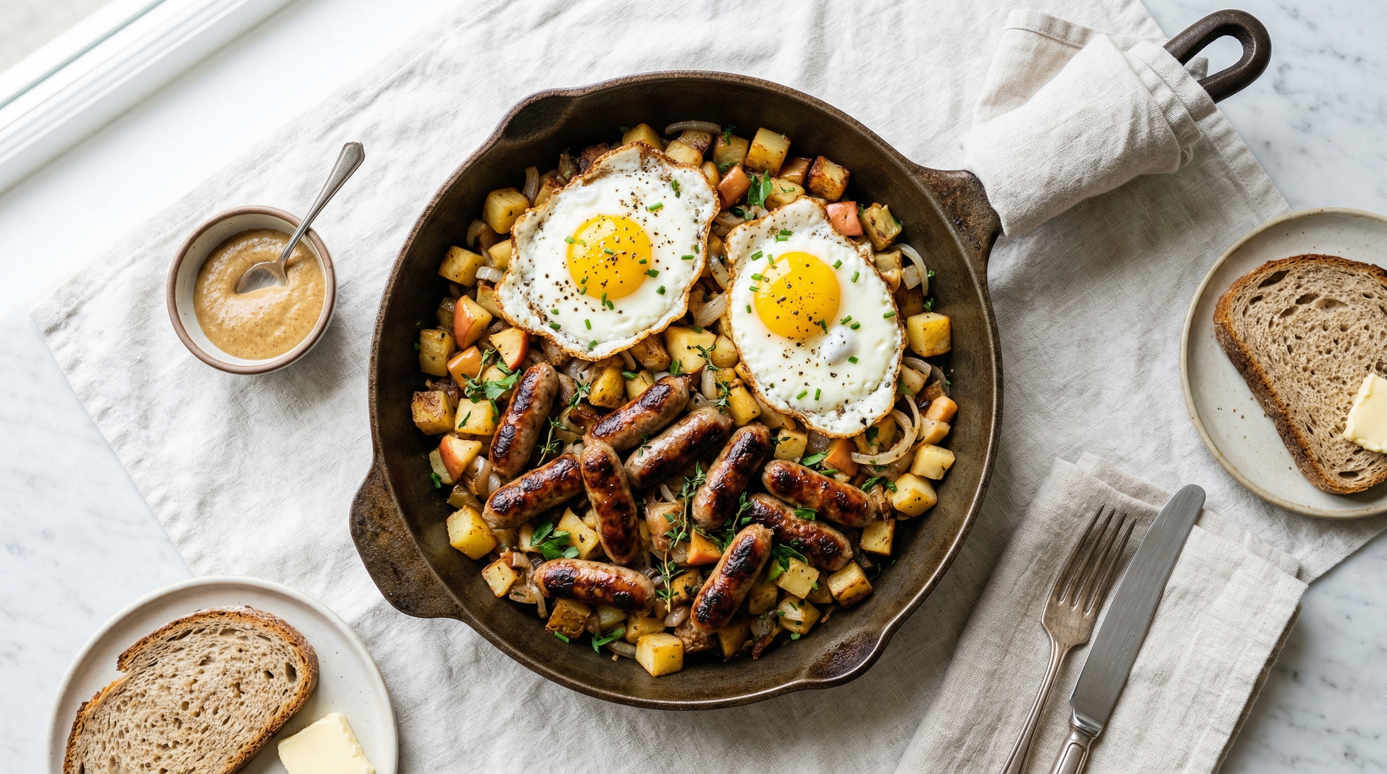 Nürnberger Sausage & Apple Hash with Fried Eggs