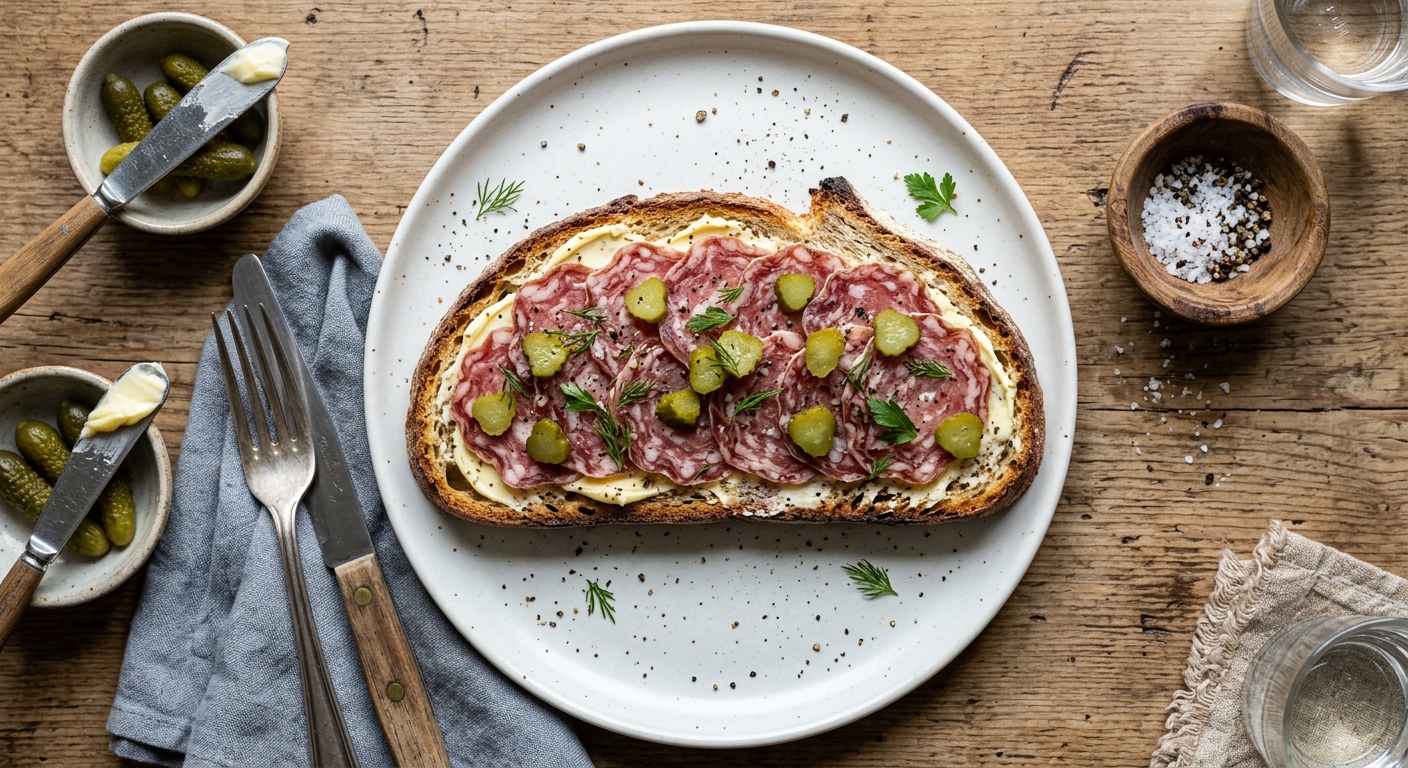 Saucisson, Butter, and Cornichon Tartine