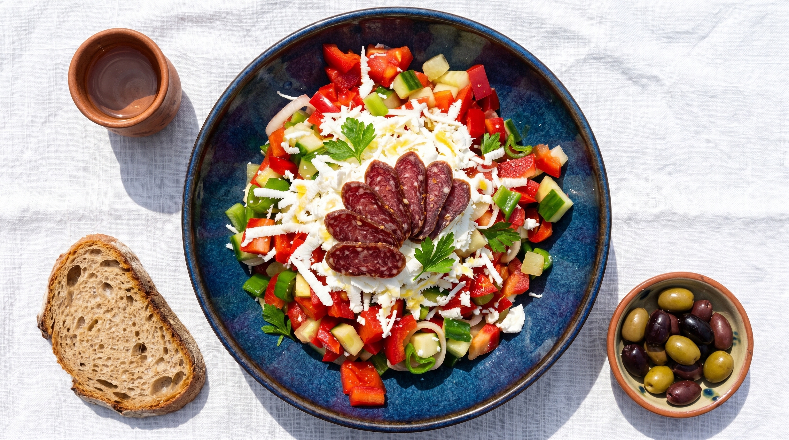 Shopska Salad Topped with Lukanka