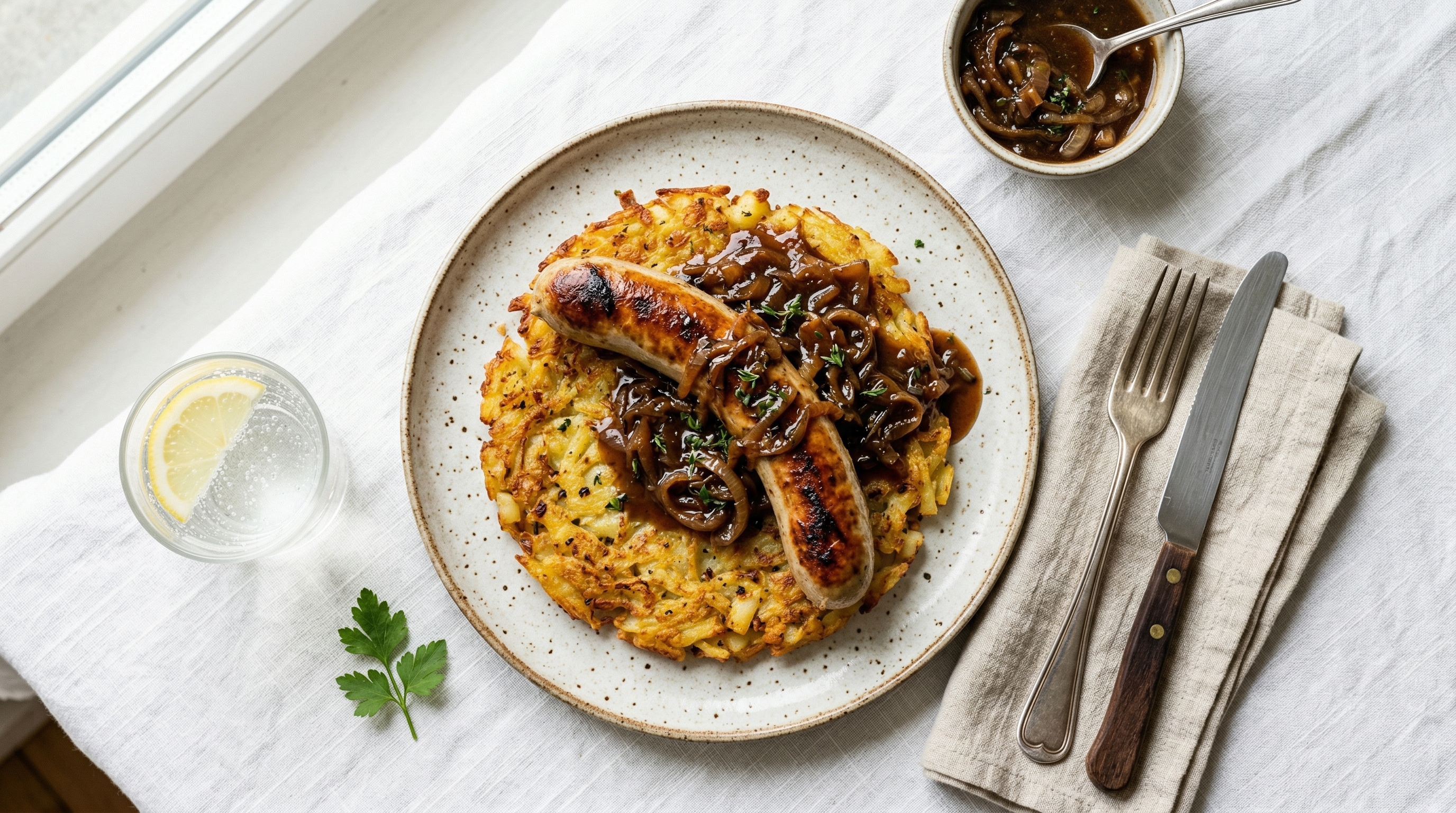 St. Galler Bratwurst with Zwiebelsauce