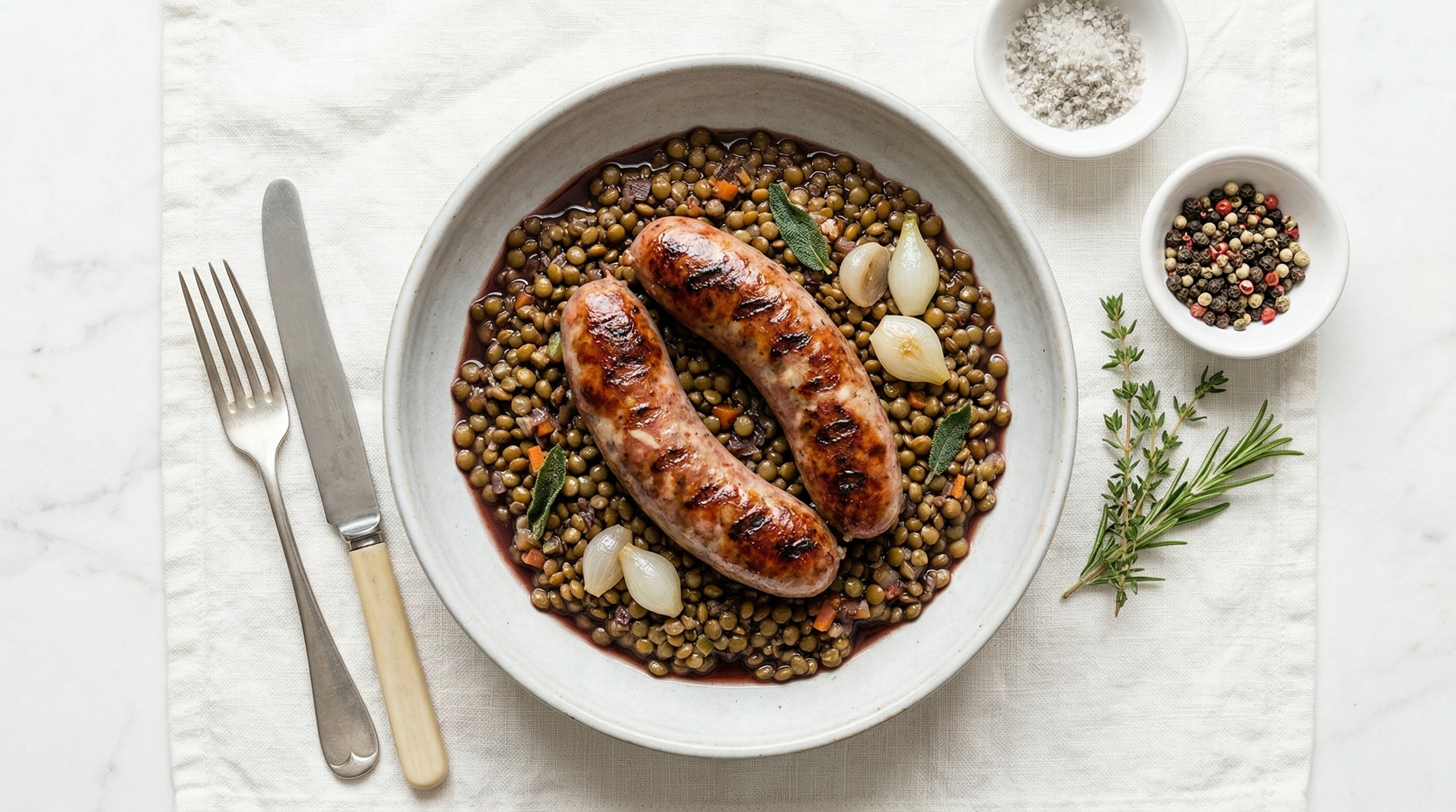 Grilled Toulouse Sausage with Lentils and Red Wine